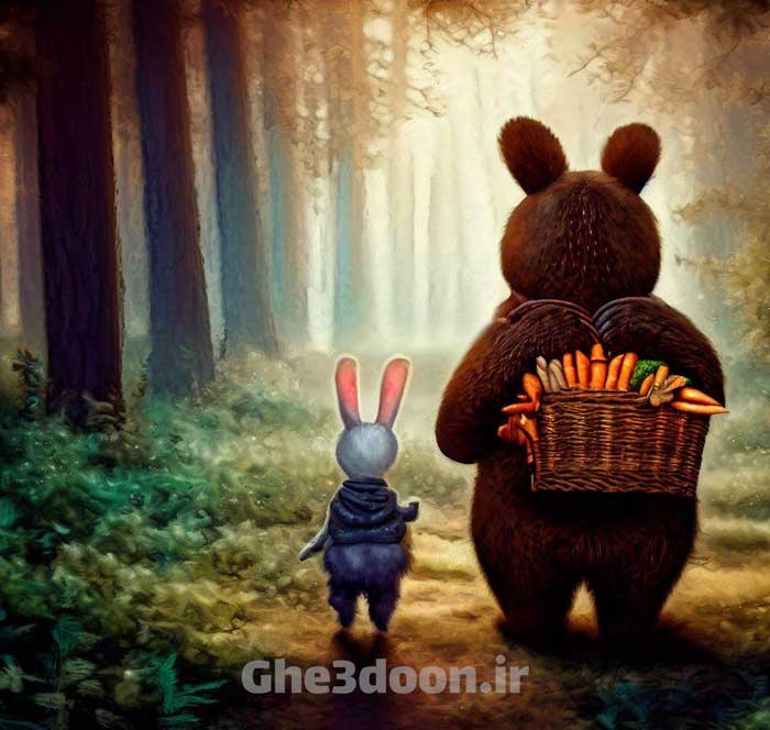 قصه کمک خرس کوچولو به خرگوش. خرس کوچولو و خرگوش در حال قدم زدن با سبد هویج پشت خرس